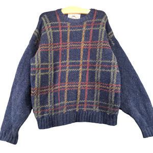 West Highland Woollens Men's Pullover Knit Sweater Blue Large Plaid Crew Neck